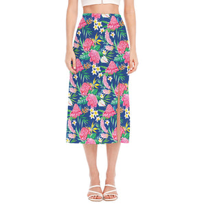 Watercolor Chrysanthemum Pattern Print Side Slit Midi Skirt