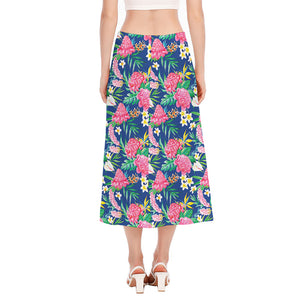 Watercolor Chrysanthemum Pattern Print Side Slit Midi Skirt