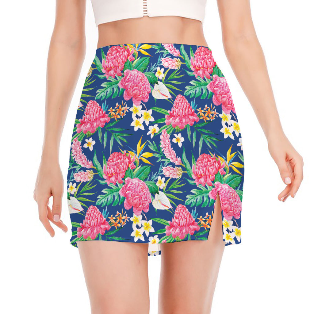 Watercolor Chrysanthemum Pattern Print Side Slit Mini Skirt