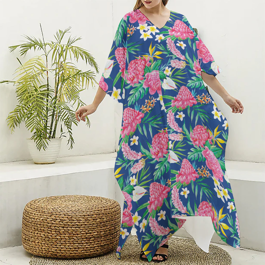 Watercolor Chrysanthemum Pattern Print Silk V-Neck Kaftan Dress