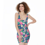 Watercolor Chrysanthemum Pattern Print Sleeveless Bodycon Dress