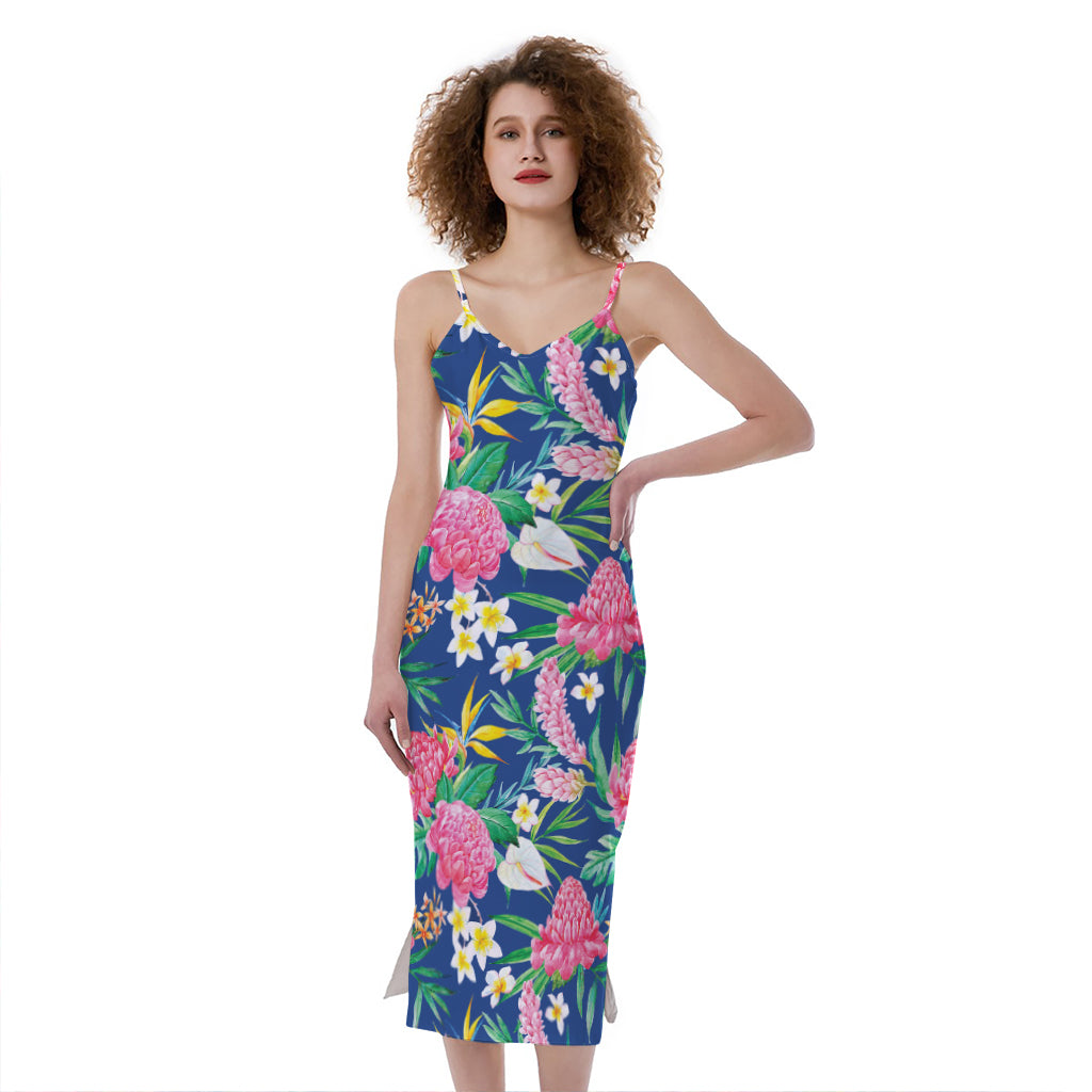 Watercolor Chrysanthemum Pattern Print Slim Fit Midi Cami Dress