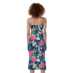 Watercolor Chrysanthemum Pattern Print Slim Fit Midi Cami Dress