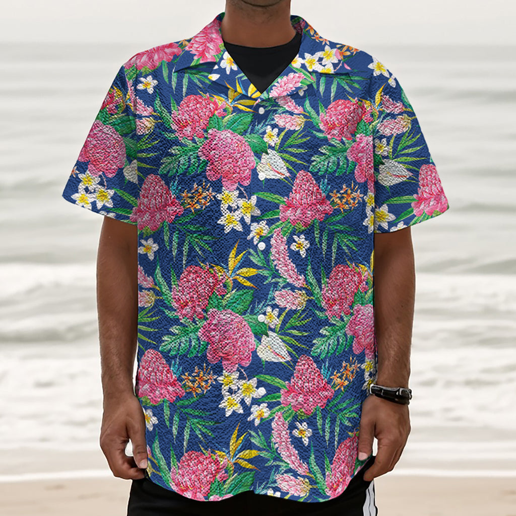 Watercolor Chrysanthemum Pattern Print Textured Short Sleeve Shirt