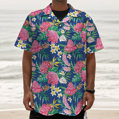 Watercolor Chrysanthemum Pattern Print Textured Short Sleeve Shirt