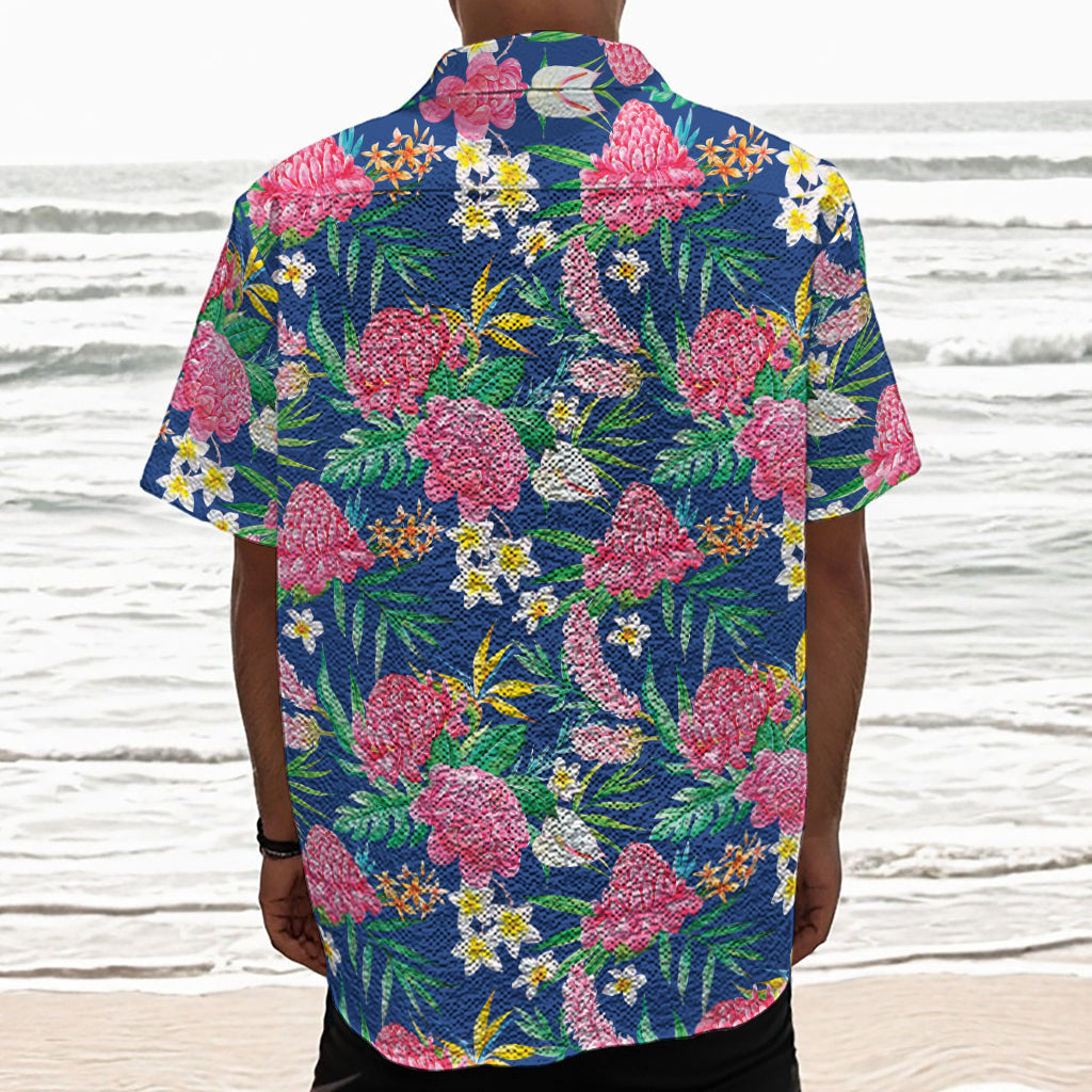 Watercolor Chrysanthemum Pattern Print Textured Short Sleeve Shirt