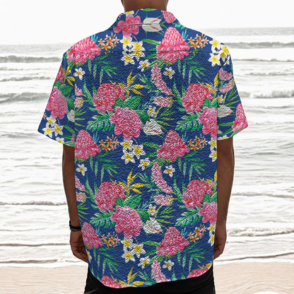 Watercolor Chrysanthemum Pattern Print Textured Short Sleeve Shirt