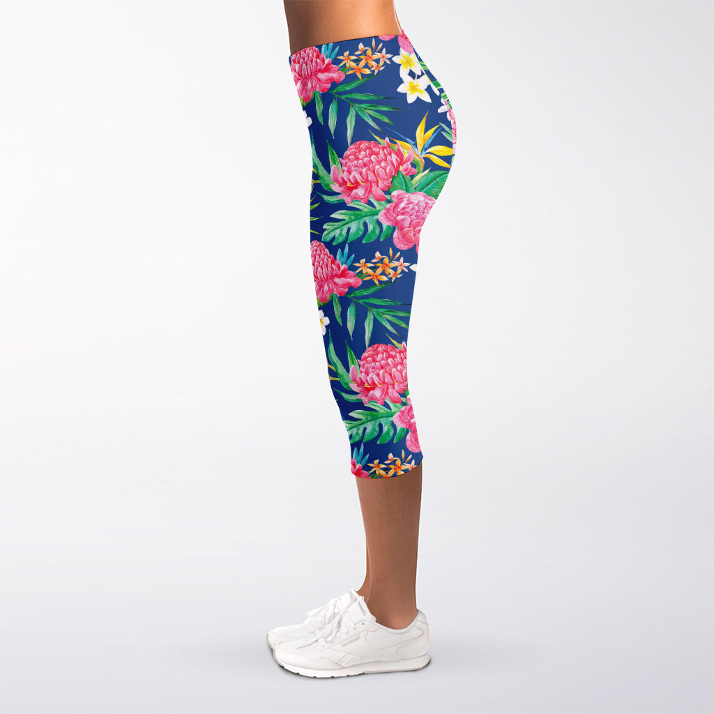 Watercolor Chrysanthemum Pattern Print Women's Capri Leggings