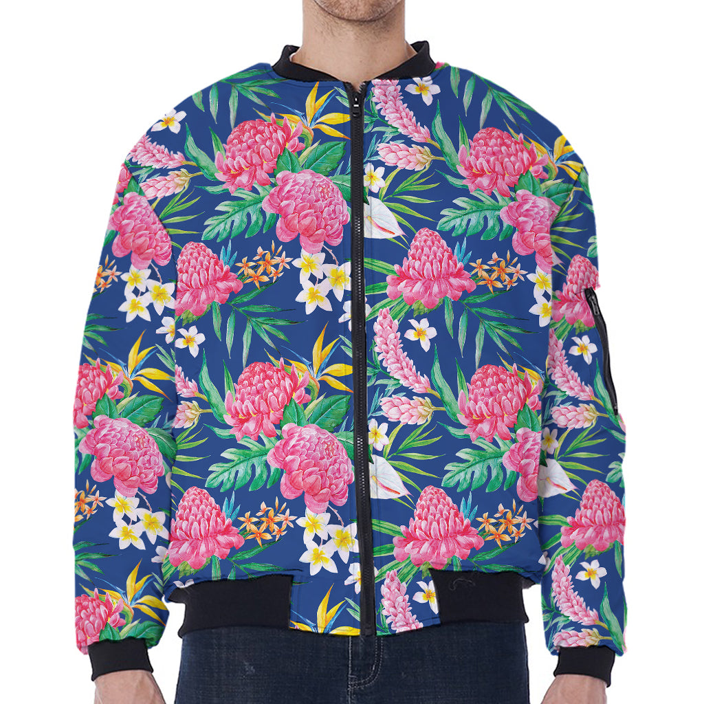 Watercolor Chrysanthemum Pattern Print Zip Sleeve Bomber Jacket