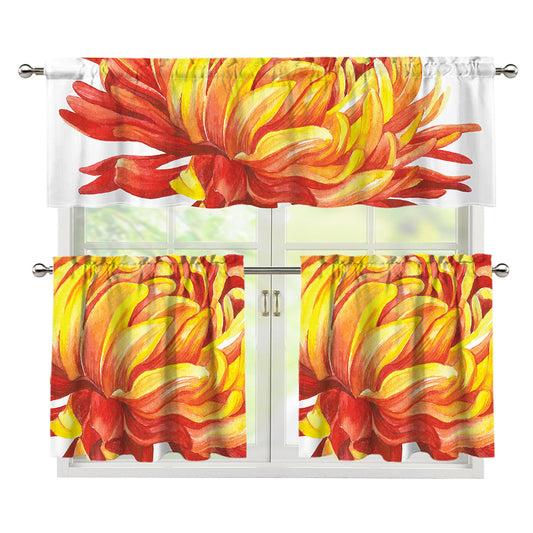 Watercolor Chrysanthemum Print 3 Piece Kitchen Curtains