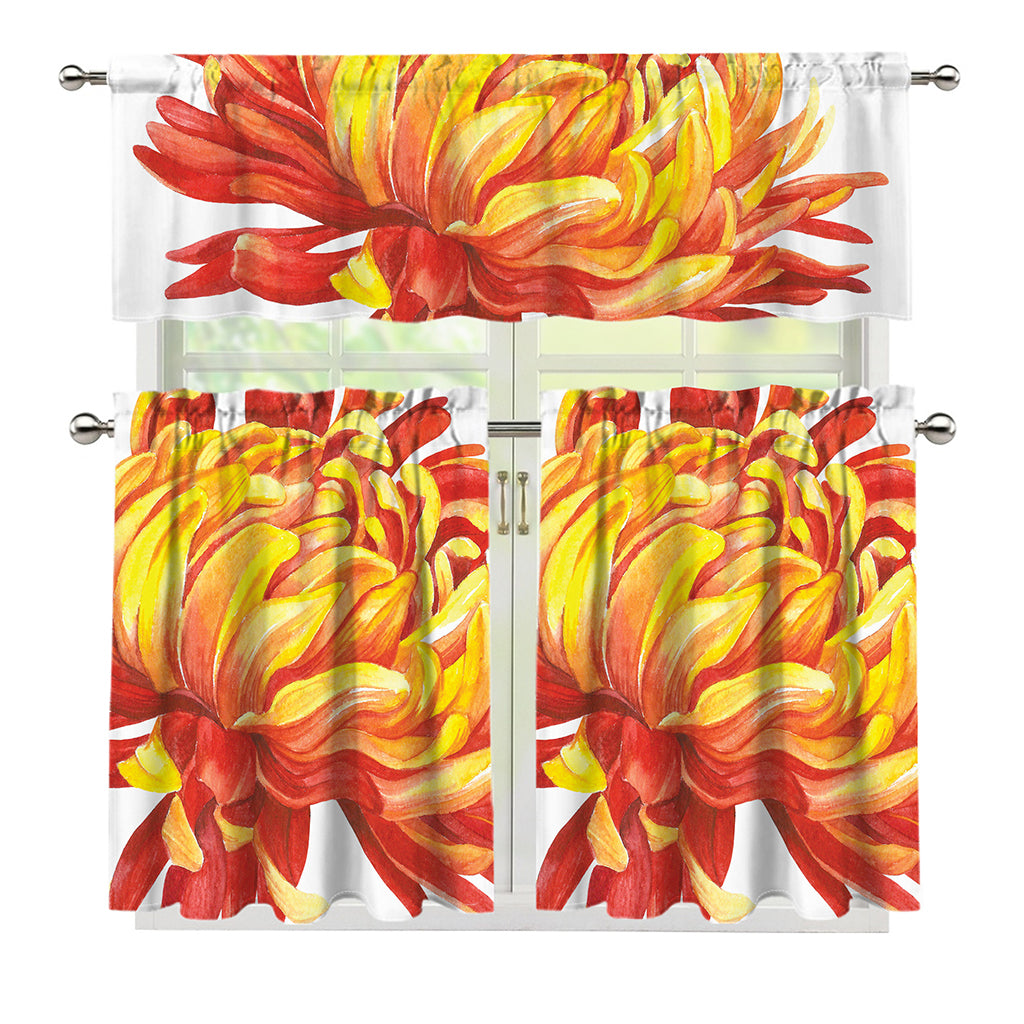 Watercolor Chrysanthemum Print 3 Piece Kitchen Curtains