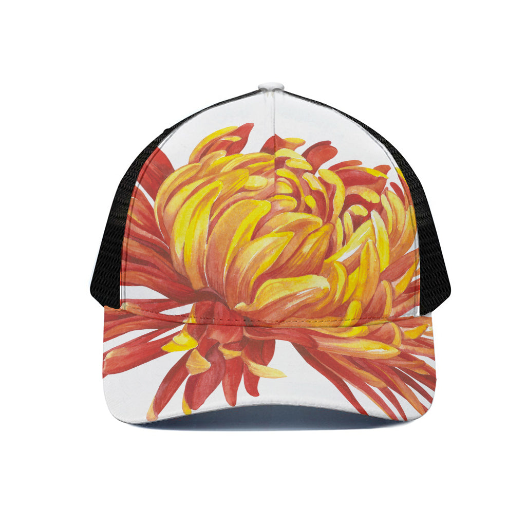 Watercolor Chrysanthemum Print Black Mesh Trucker Cap