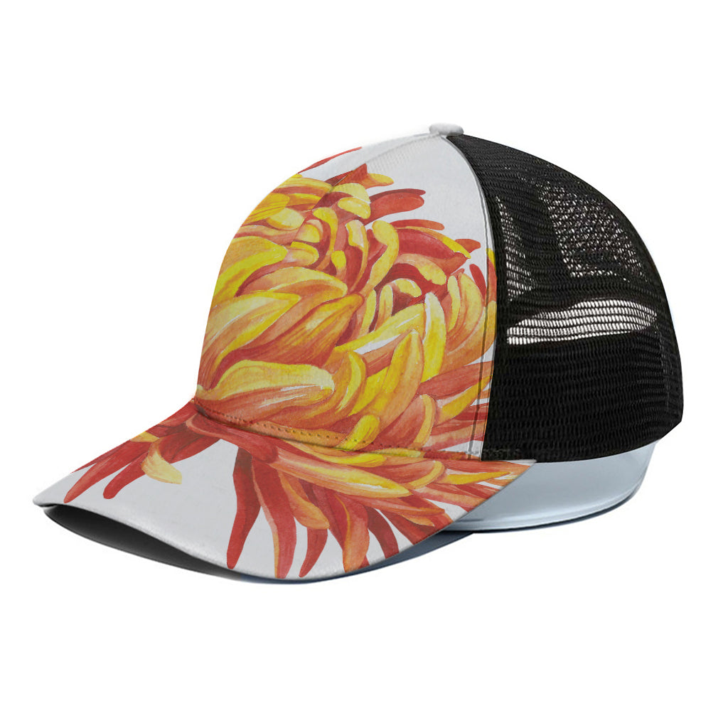 Watercolor Chrysanthemum Print Black Mesh Trucker Cap