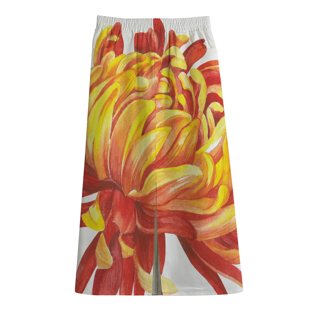 Watercolor Chrysanthemum Print Cotton Front Slit Maxi Skirt