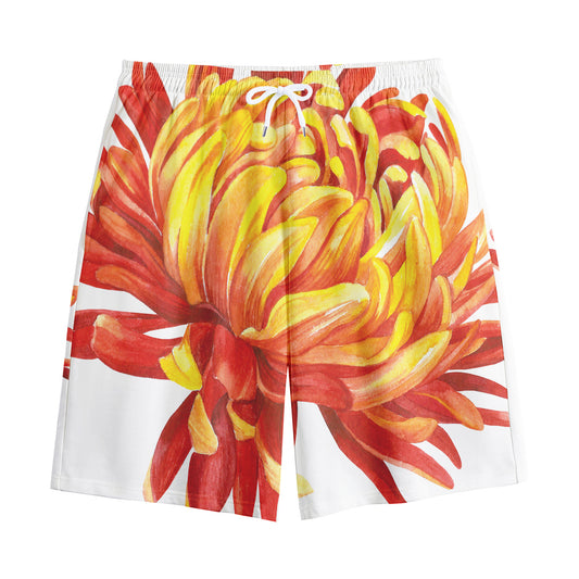 Watercolor Chrysanthemum Print Cotton Shorts