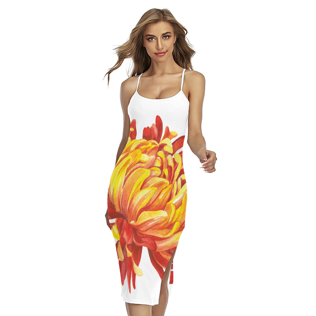 Watercolor Chrysanthemum Print Cross Back Cami Dress