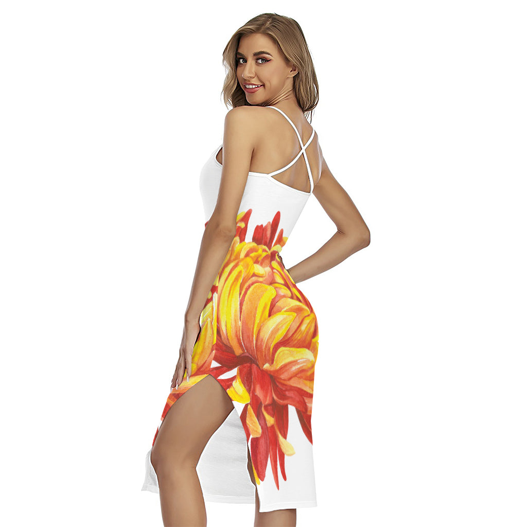 Watercolor Chrysanthemum Print Cross Back Cami Dress