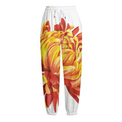 Watercolor Chrysanthemum Print Fleece Lined Knit Pants