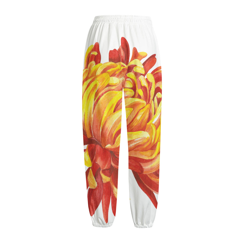 Watercolor Chrysanthemum Print Fleece Lined Knit Pants