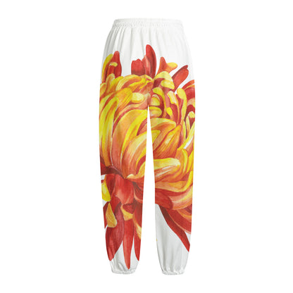 Watercolor Chrysanthemum Print Fleece Lined Knit Pants