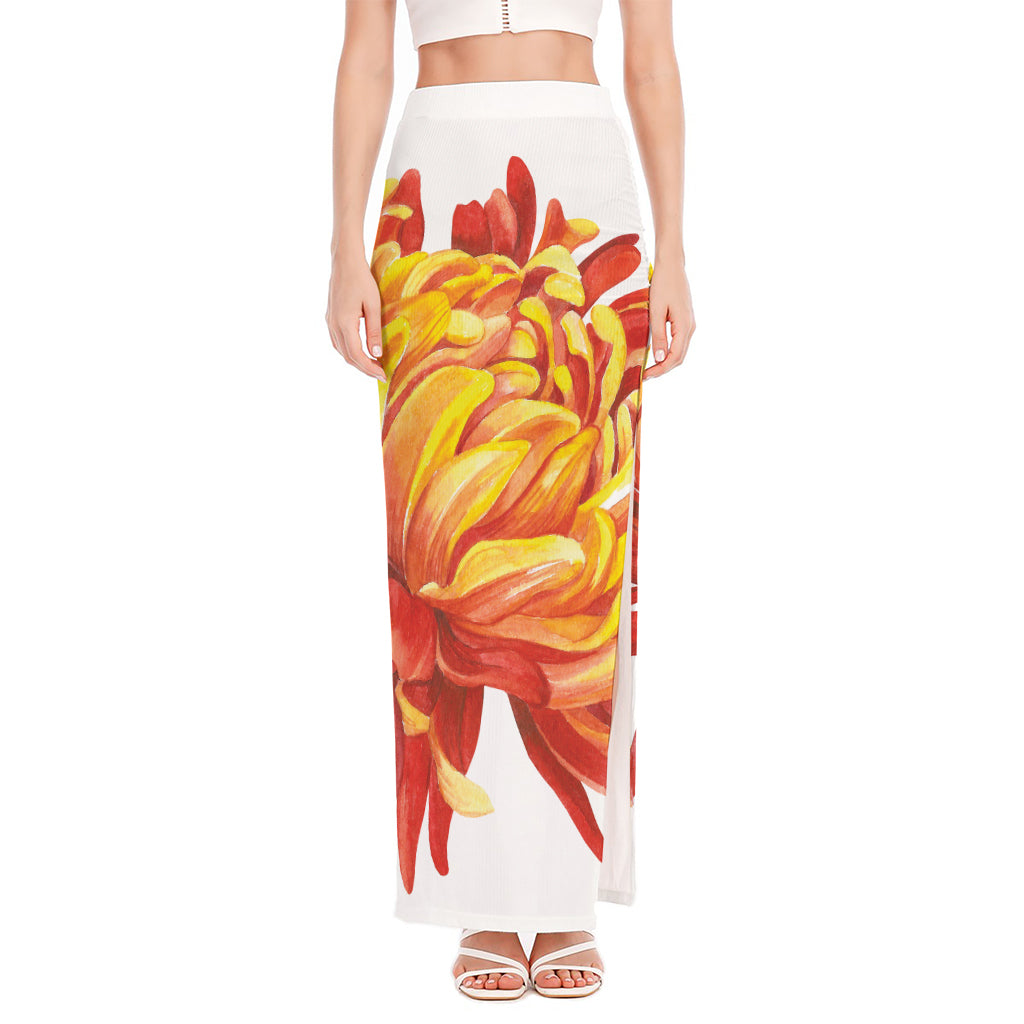 Watercolor Chrysanthemum Print High Slit Maxi Skirt