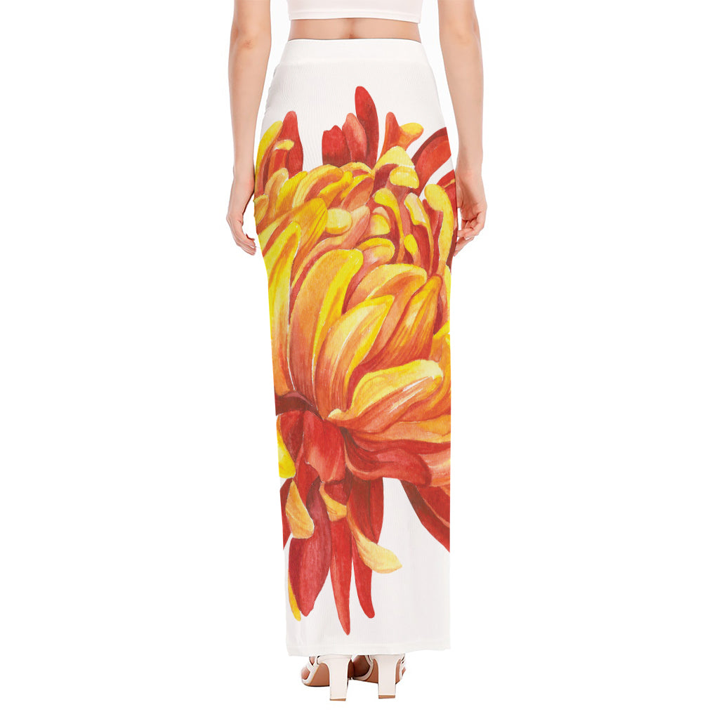 Watercolor Chrysanthemum Print High Slit Maxi Skirt