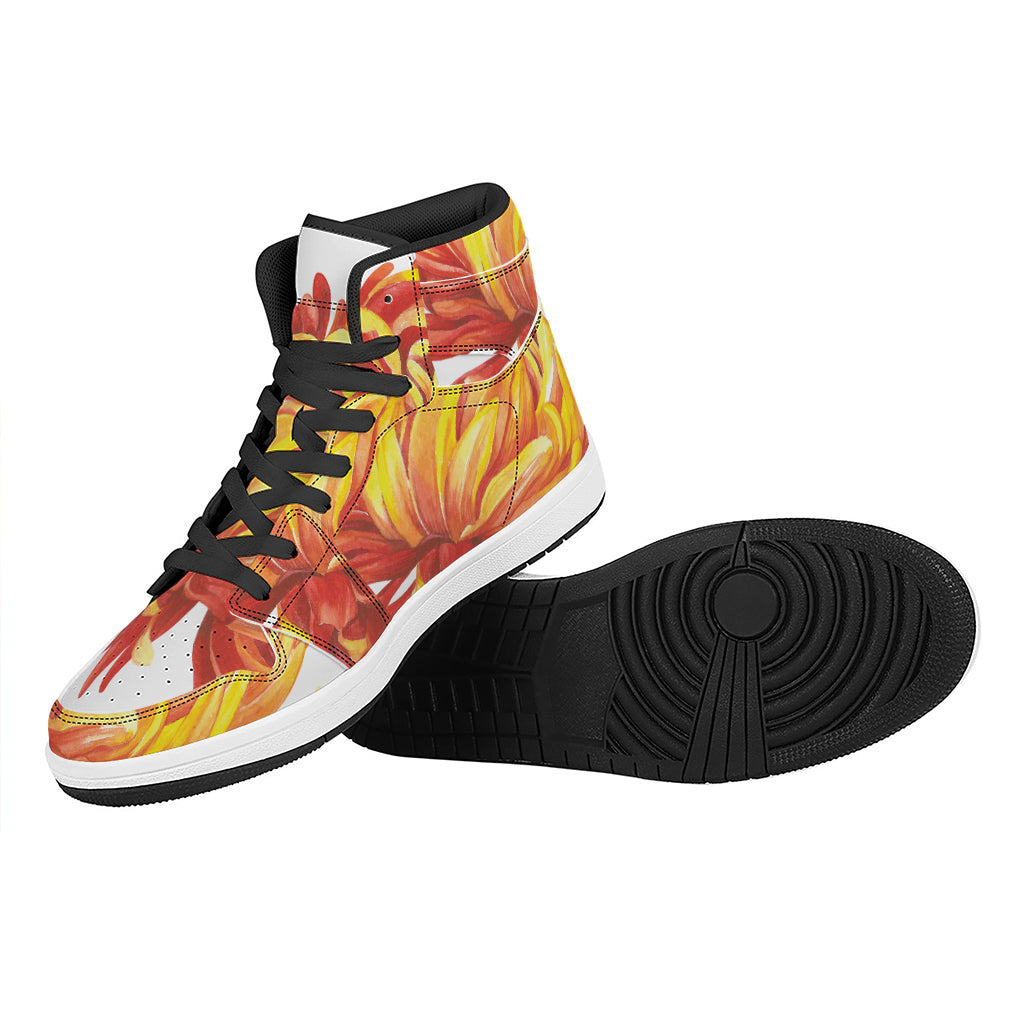 Watercolor Chrysanthemum Print High Top Leather Sneakers