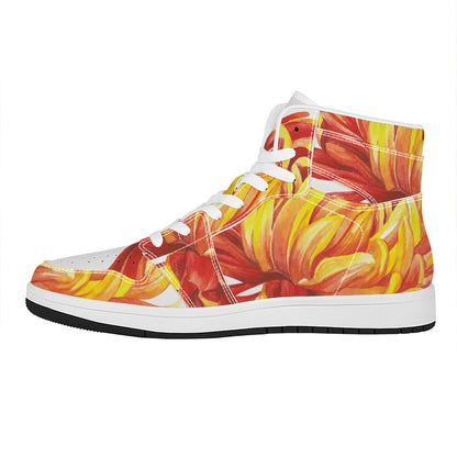 Watercolor Chrysanthemum Print High Top Leather Sneakers
