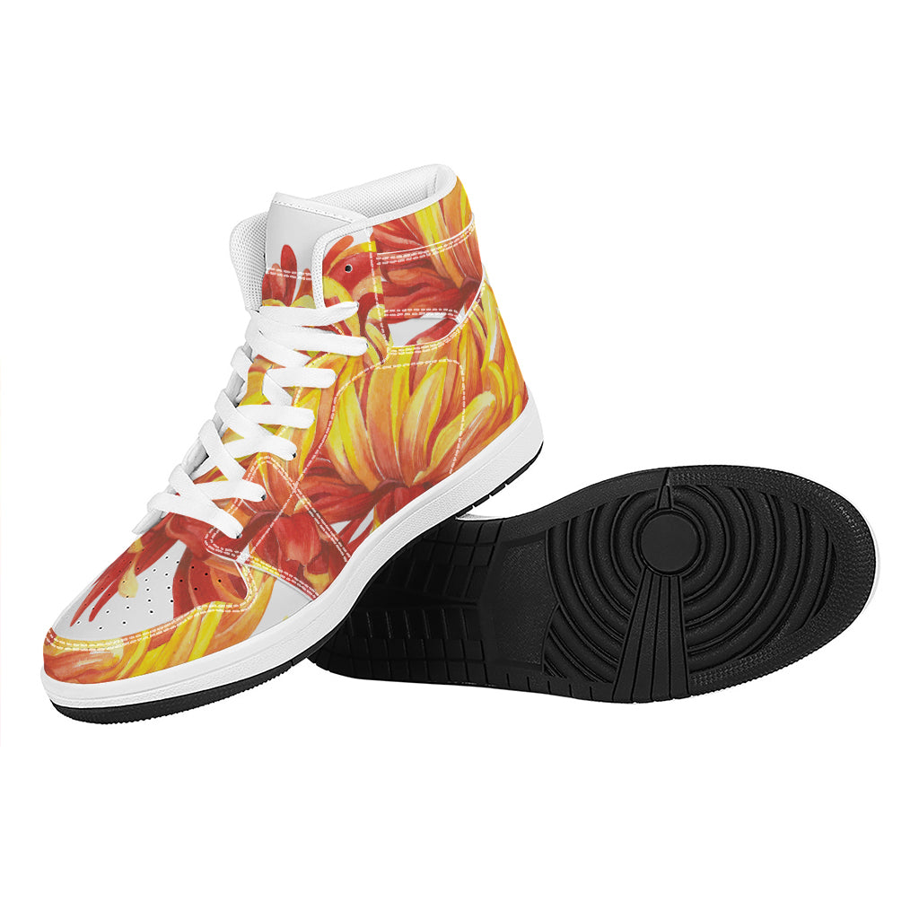 Watercolor Chrysanthemum Print High Top Leather Sneakers