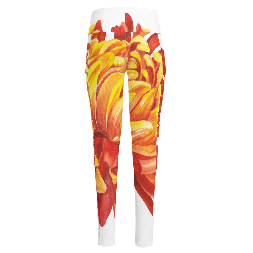 Watercolor Chrysanthemum Print High-Waisted Pocket Leggings