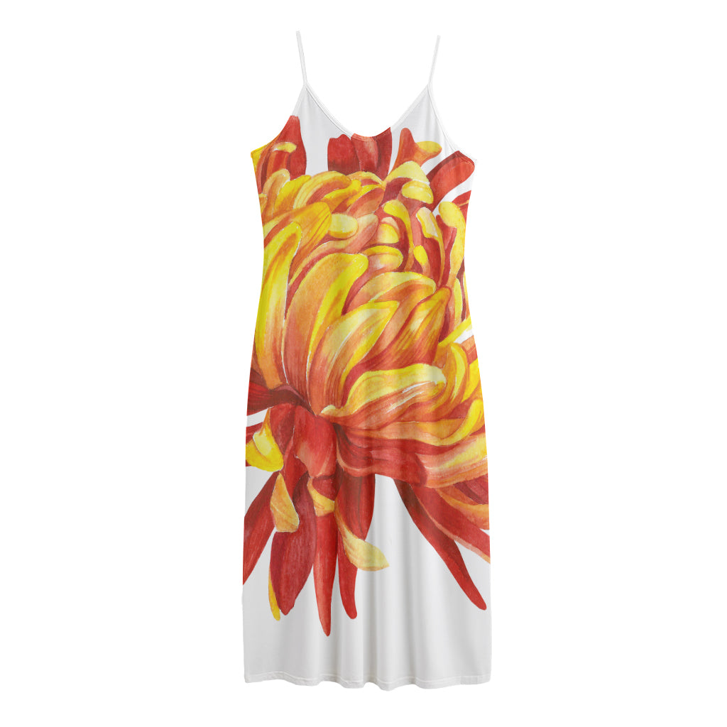 Watercolor Chrysanthemum Print Jersey Midi Cami Dress