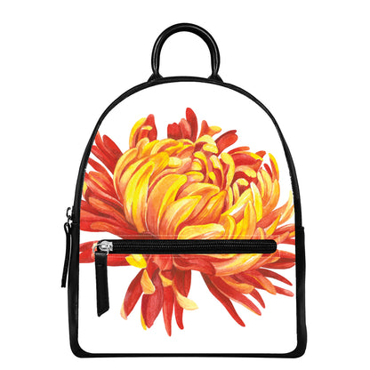Watercolor Chrysanthemum Print Leather Backpack