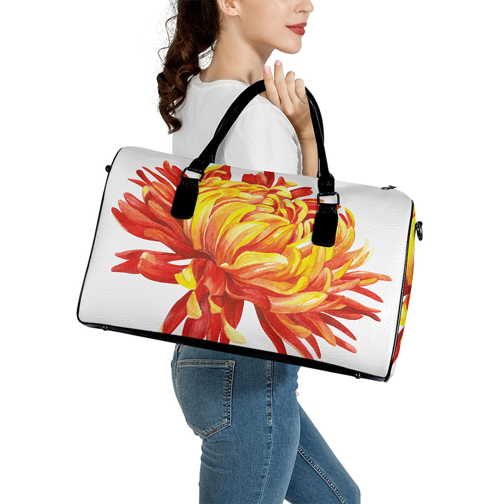 Watercolor Chrysanthemum Print Leather Duffle Bag