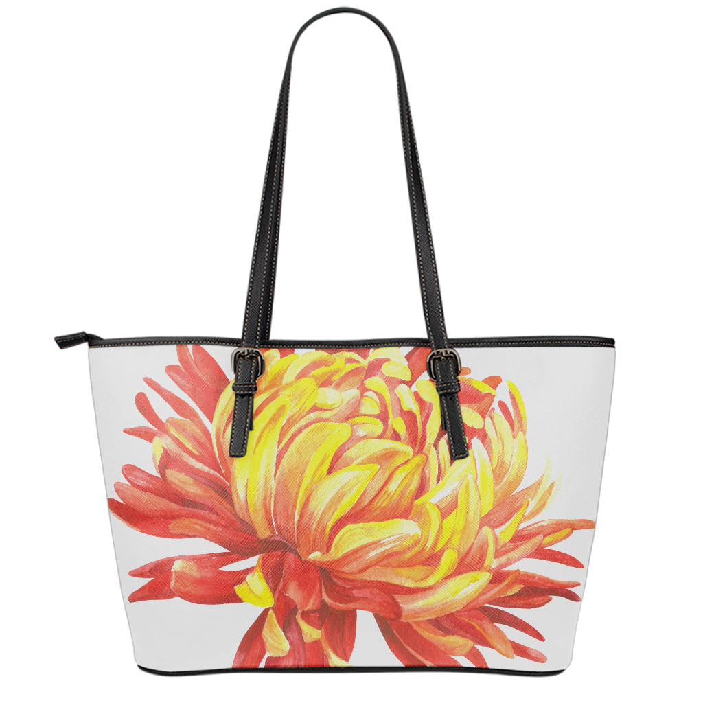 Watercolor Chrysanthemum Print Leather Tote Bag