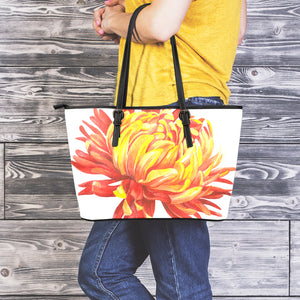 Watercolor Chrysanthemum Print Leather Tote Bag