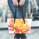 Watercolor Chrysanthemum Print Leather Tote Bag