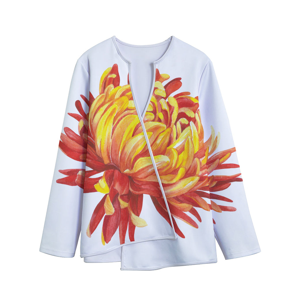 Watercolor Chrysanthemum Print Long Sleeve Short Coat