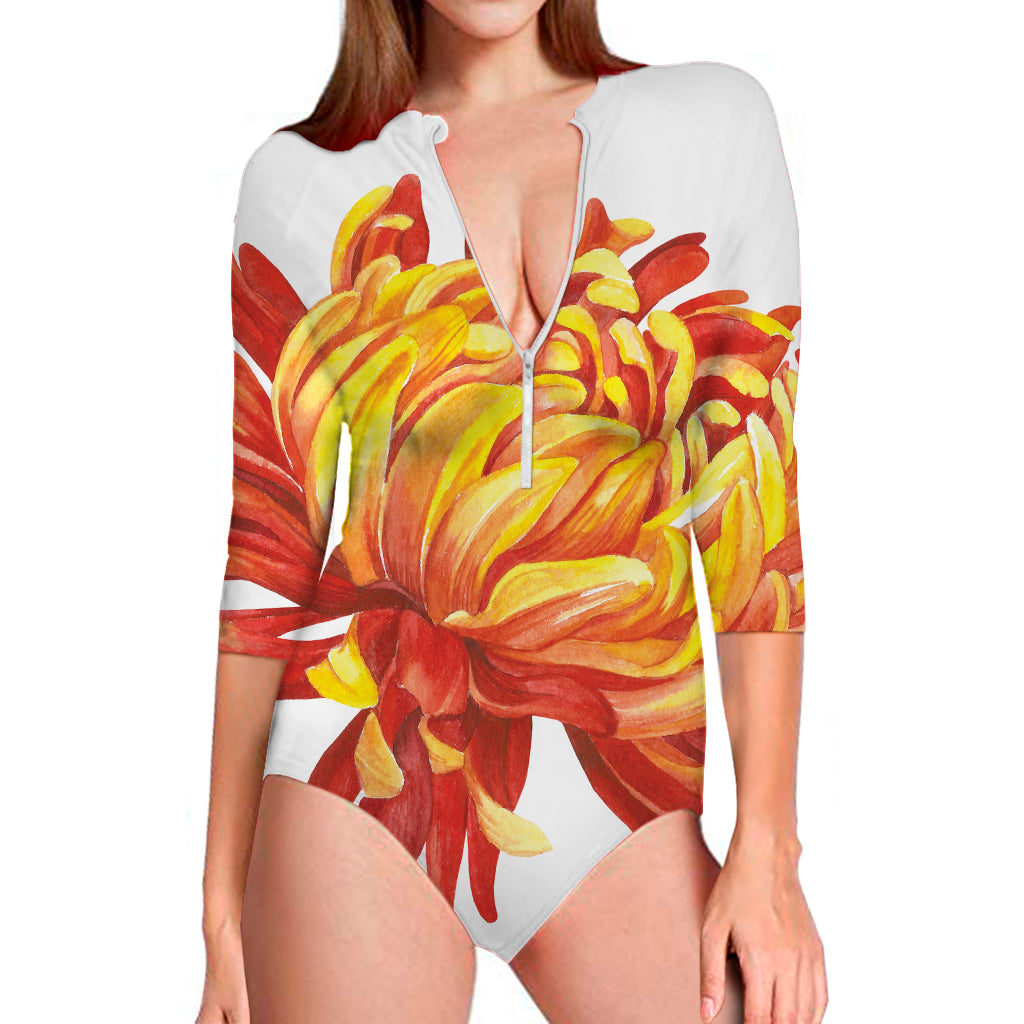 Watercolor Chrysanthemum Print Long Sleeve Swimsuit