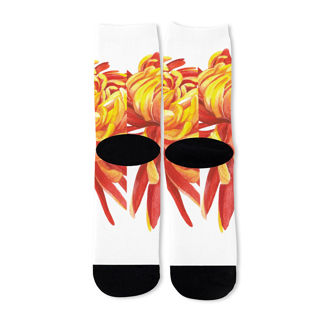 Watercolor Chrysanthemum Print Long Socks