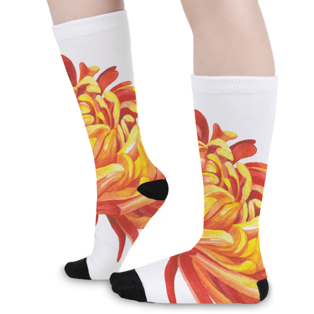 Watercolor Chrysanthemum Print Long Socks