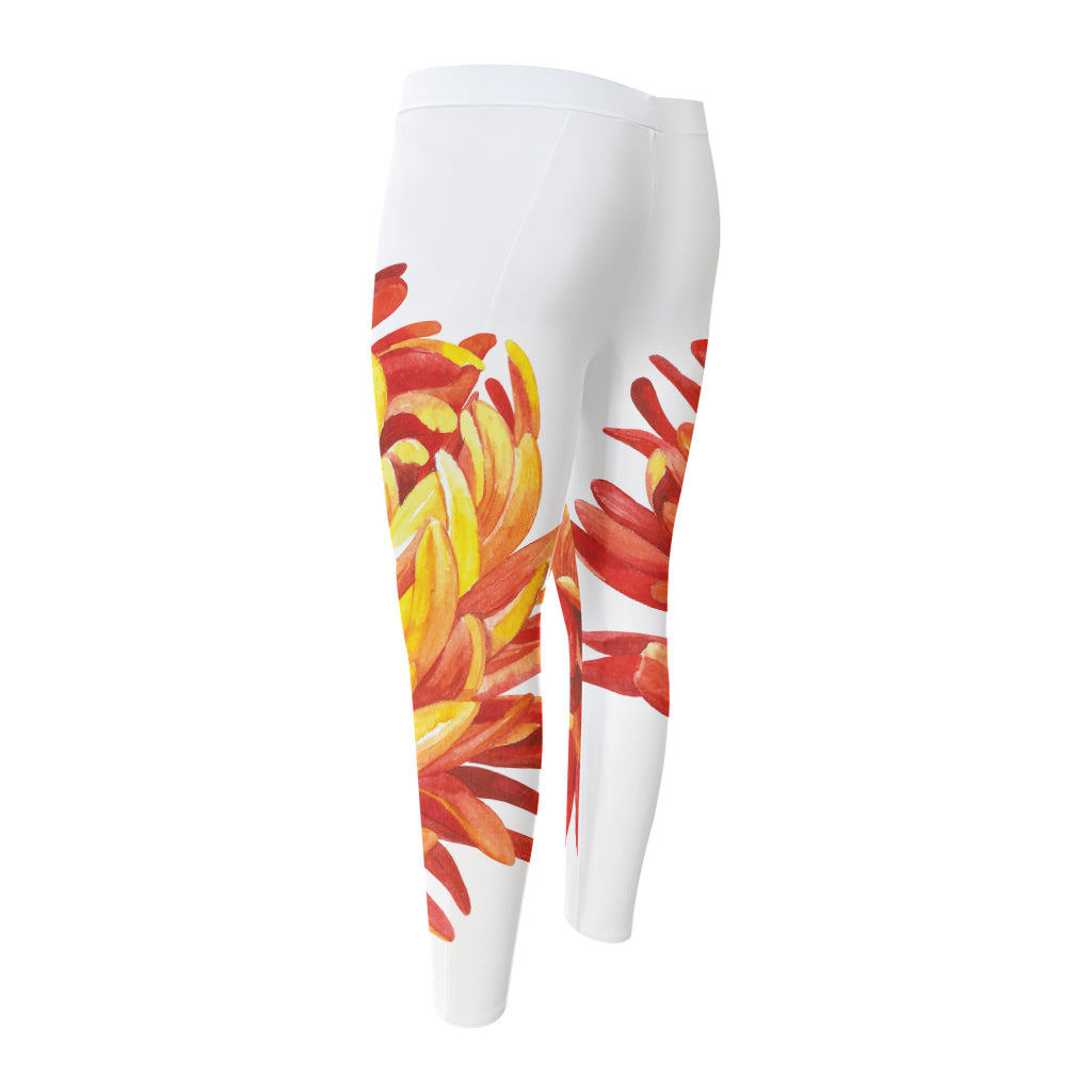 Watercolor Chrysanthemum Print Men's Compression Pants