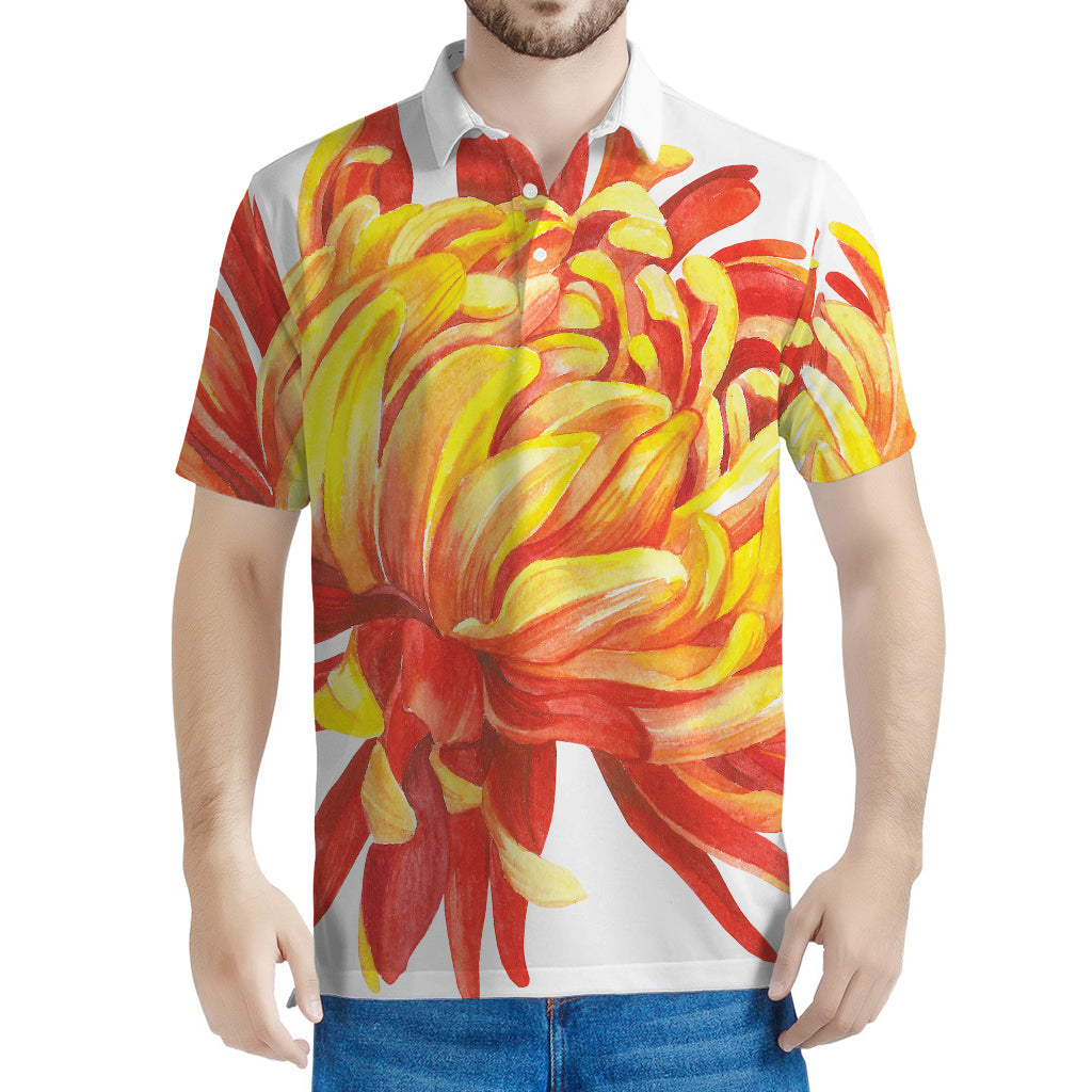 Watercolor Chrysanthemum Print Men's Polo Shirt