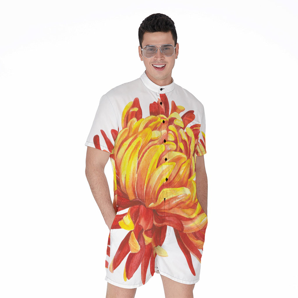 Watercolor Chrysanthemum Print Men's Rompers