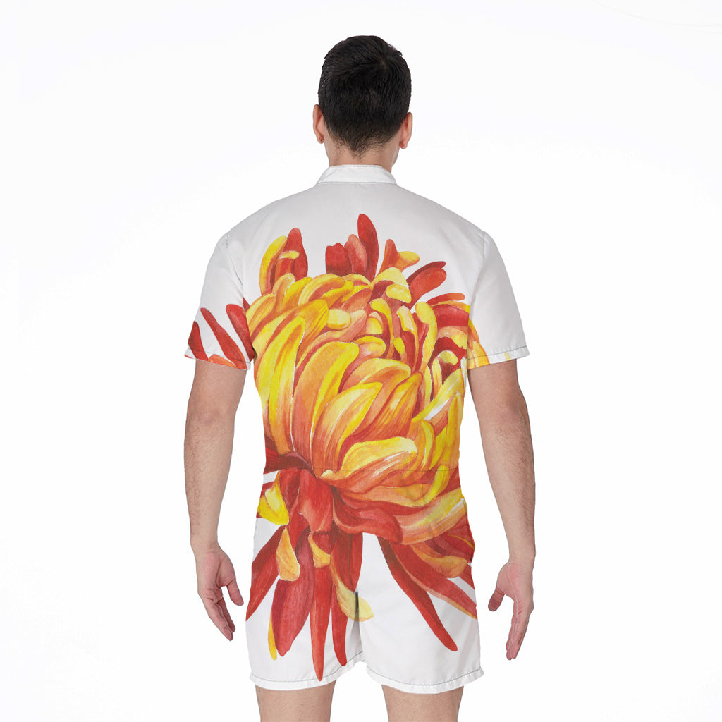 Watercolor Chrysanthemum Print Men's Rompers