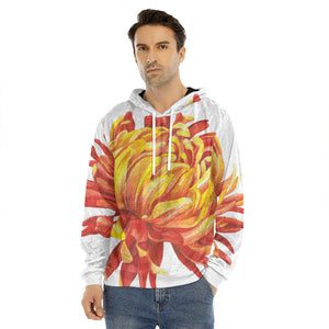 Watercolor Chrysanthemum Print Men's Velvet Pullover Hoodie