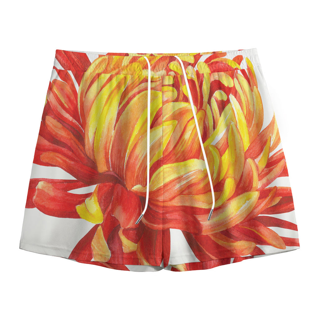 Watercolor Chrysanthemum Print Mesh Shorts