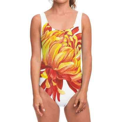 Watercolor Chrysanthemum Print One Piece Swimsuit