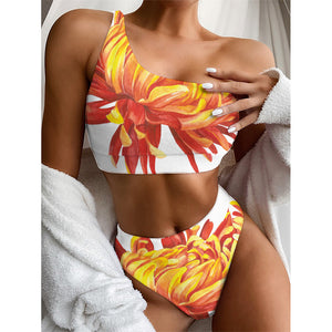 Watercolor Chrysanthemum Print One Shoulder Bikini Top