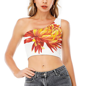 Watercolor Chrysanthemum Print One Shoulder Crop Top