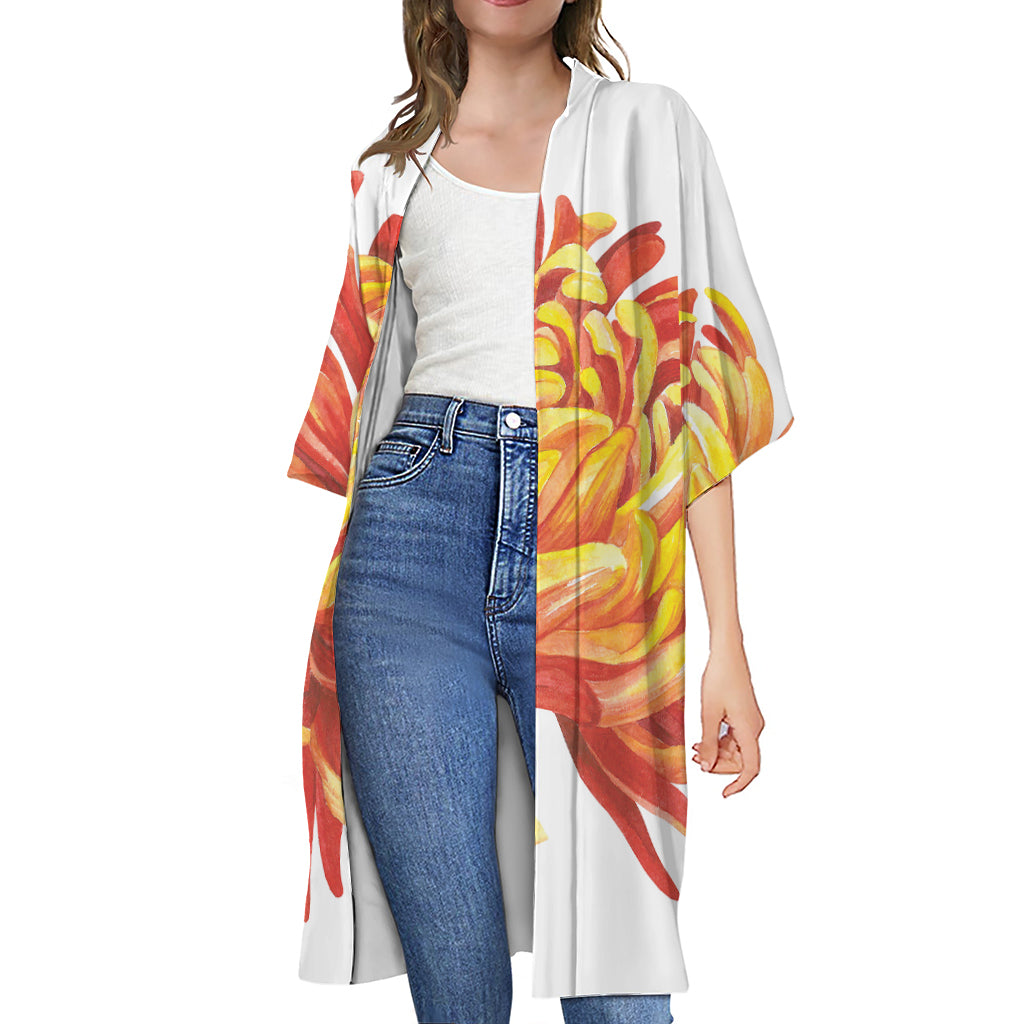 Watercolor Chrysanthemum Print Open Front Beach Cover Up